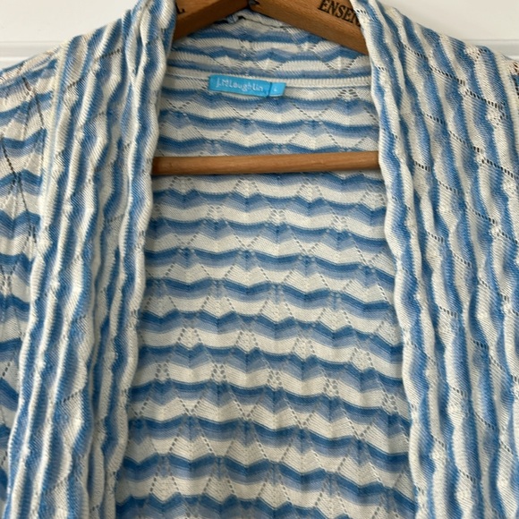 J McLaughlin Chevron Stripe Loose Weave Open-Front Cardigan Sweater Blue & White - Picture 3 of 9